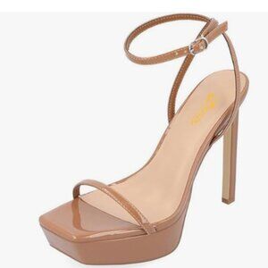 Zszszsu Brown Open Square Toe Strappy Platform Sandals Stiletto High Heels Shoes